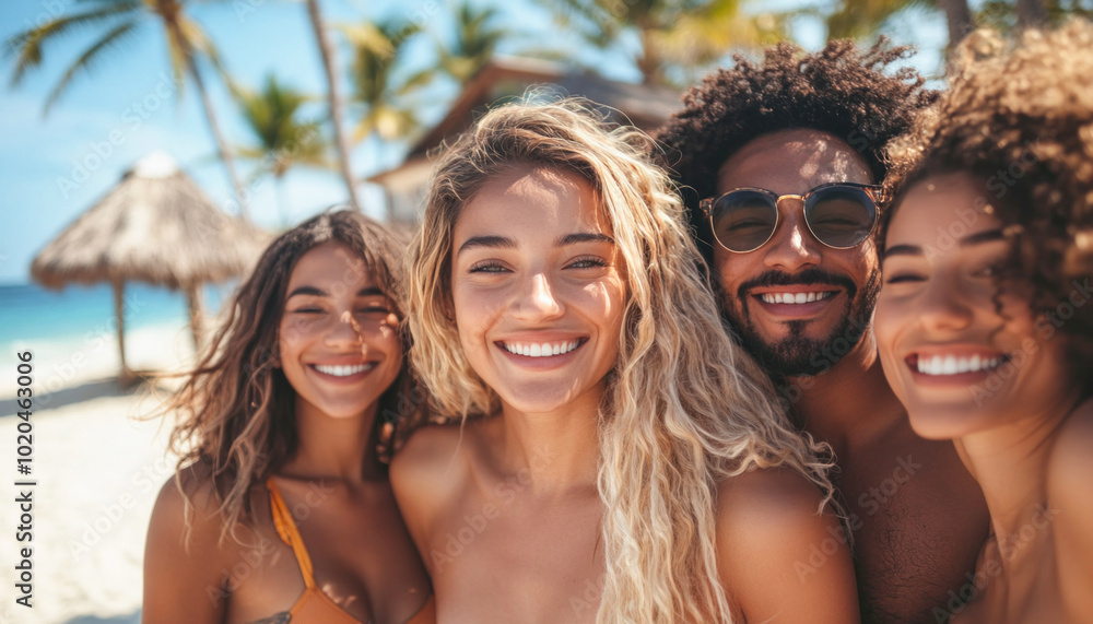 Fototapeta premium Group of friends smiling on beach while enjoying summer vacation