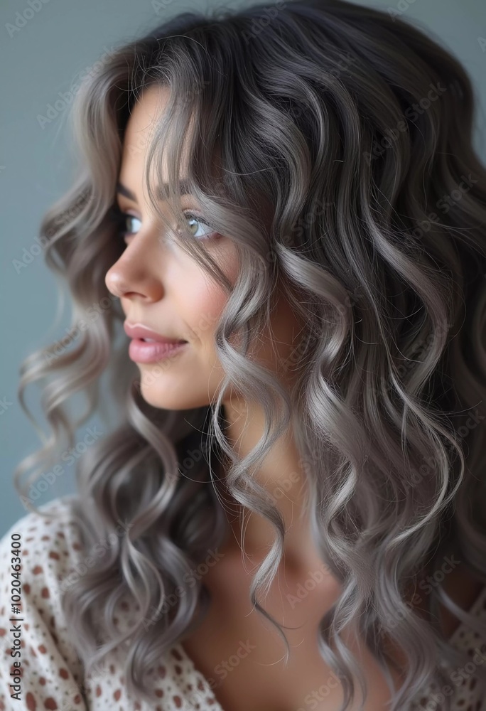 Obraz premium A striking close-up reveals luscious gray ash curls, glistening with shine. The soft waves cascade elegantly, highlighting the hair's texture and beauty in gentle natural light. Generative AI