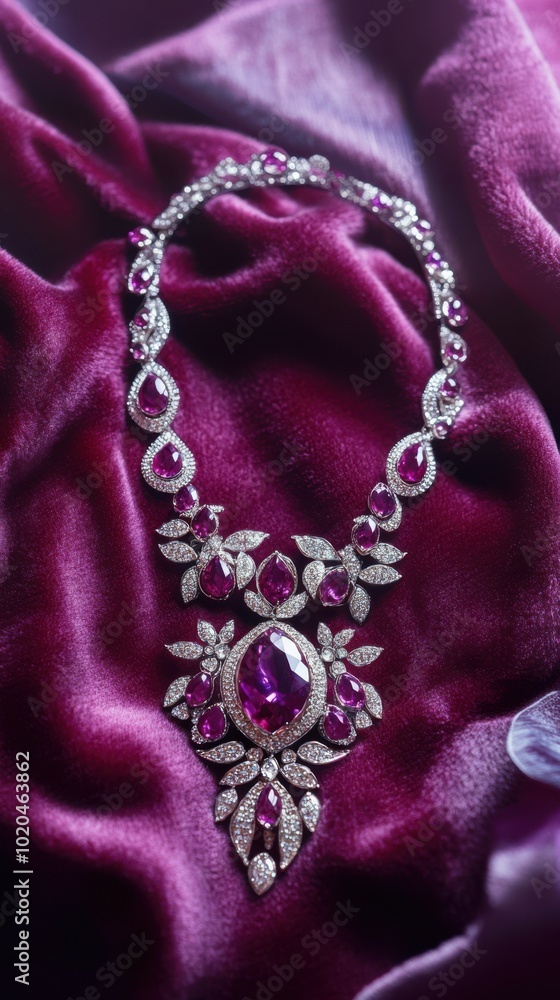Shiny silver and ruby necklace on a luxurious royal purple velvet cloth, with a purple-to-silver gradient background and subtle festive sparkles, Copy space, happy Diwali background, traditional Shiny silver and ruby necklace on a luxurious royal purple velvet cloth, with a purple-to-silver gradient background and subtle festive sparkles, Copy space, happy Diwali background, traditional