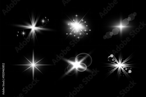 Glow isolated white transparent starlight effect set, lens flare, explosion, line, sun flash, glitter, spark and stars. Abstract special effect element design. Shine ray 