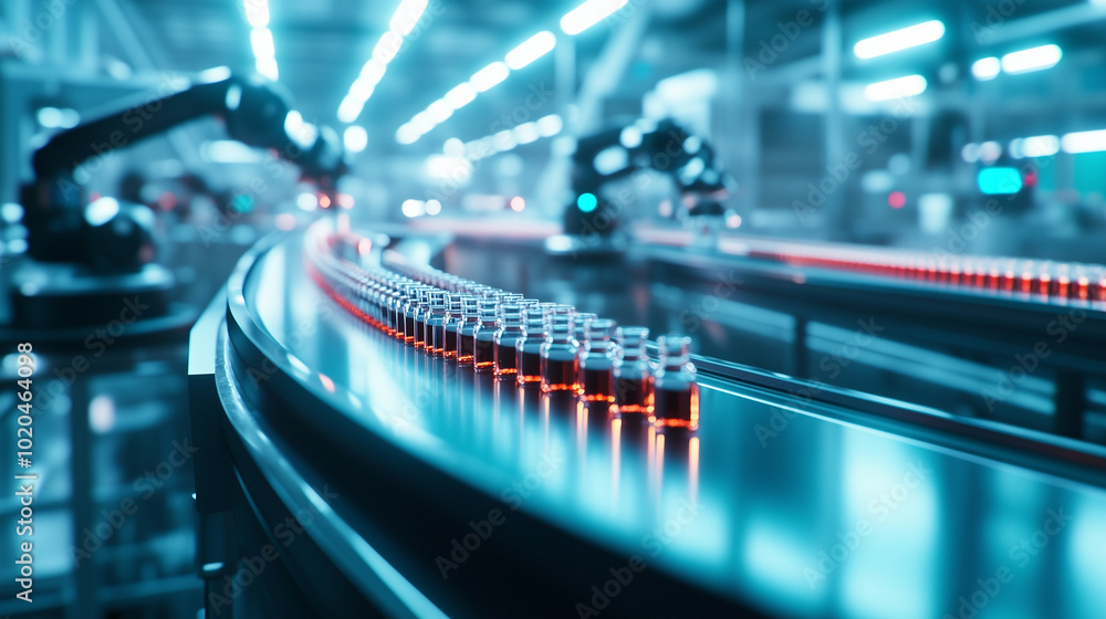 A close-up view of a conveyor belt transporting sterile medicine vials through a brightly lit, high-tech pharmaceutical production line. Robotic arms swiftly cap and seal the vials A close-up view of a conveyor belt transporting sterile medicine vials through a brightly lit, high-tech pharmaceutical production line. Robotic arms swiftly cap and seal the vials