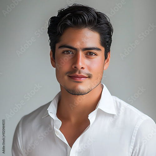 A portrait of a young Mexican man in simple yet professional business attire photo