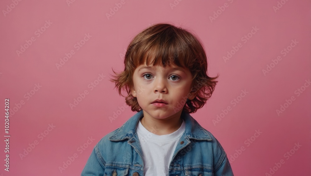Young boy with medium-length hair and neutral expression wearing denim jacket, posing in portrait style Young boy with medium-length hair and neutral expression wearing denim jacket, posing in portrait style