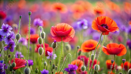 Field of flowers with poppies and purple accents