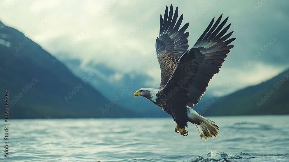 A majestic eagle soaring above water, showcasing its powerful wings and natural habitat. A majestic eagle soaring above water, showcasing its powerful wings and natural habitat.