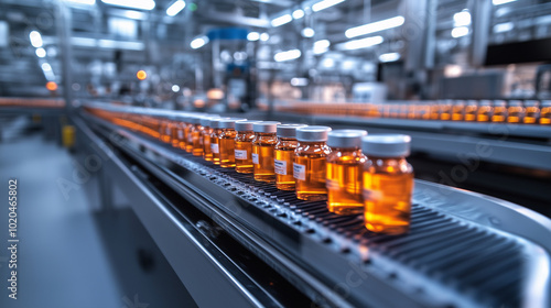 Transparent medicine vials move swiftly along a conveyor belt in a state-of-the-art pharmaceutical factory. Automated systems fill, cap, and label each vial, while high-tech sensor