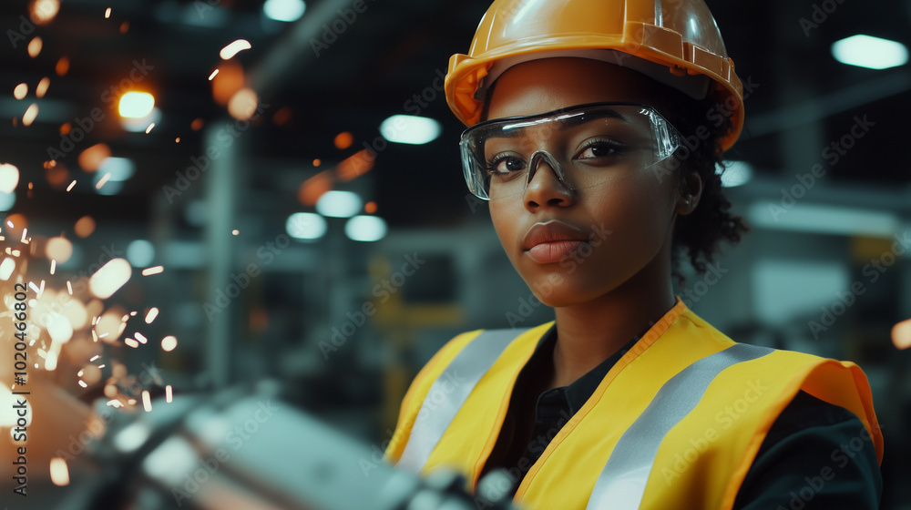 A young, mixed-race Black African American female apprentice, wearing a hard hat and high-visibility vest, confidently operating industrial machinery in a bustling factory. Sparks A young, mixed-race Black African American female apprentice, wearing a hard hat and high-visibility vest, confidently operating industrial machinery in a bustling factory. Sparks