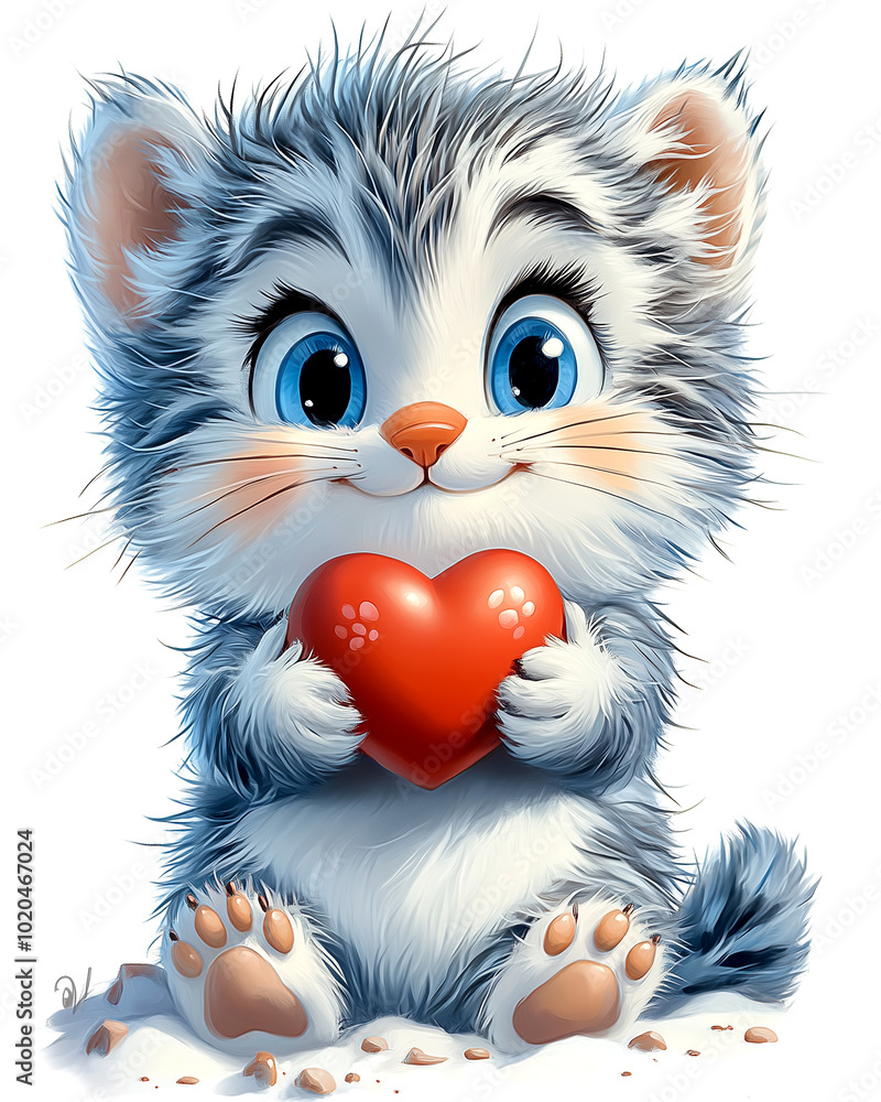 Fototapeta premium A cute cat holding a red heart. The cat is smiling and looking at the camera. The heart is placed in the cat's mouth, and it is a symbol of love or affection. The image conveys a warm