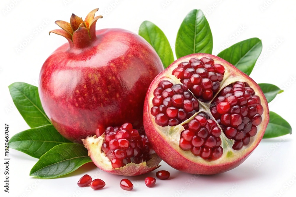 Juicy pomegranate and its half with leaves on white background Juicy pomegranate and its half with leaves on white background