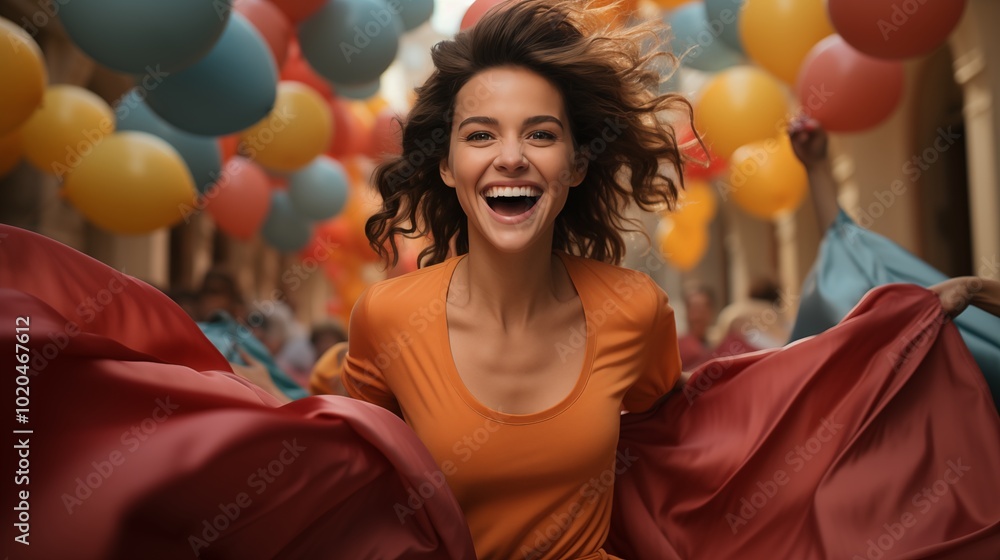 young woman wearing colorful cloth in modern style holding colorful shopping bags jumping with big smile and funny young woman wearing colorful cloth in modern style holding colorful shopping bags jumping with big smile and funny