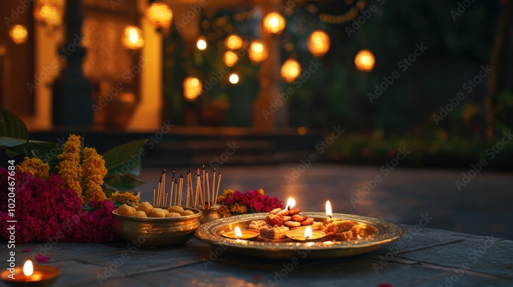 Traditional brass thali with sweets, incense sticks, and a diya on a stone patio, with the background of a home illuminated by hanging lanterns and flower garlands. Copy space, happy Diwali background Traditional brass thali with sweets, incense sticks, and a diya on a stone patio, with the background of a home illuminated by hanging lanterns and flower garlands. Copy space, happy Diwali background