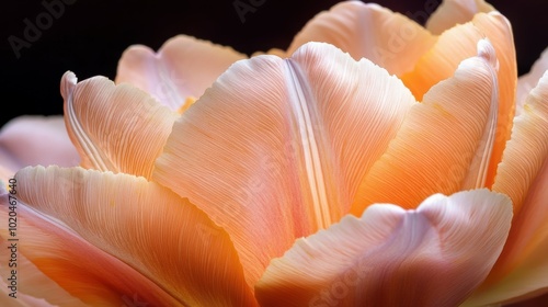 A close-up of tulip petals with intricate patterns, highlighted by the soft light of dawn