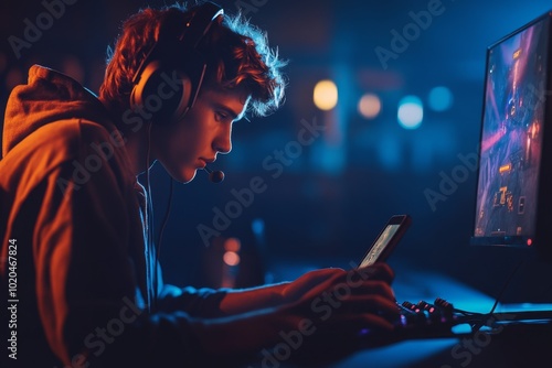 A young gamer looks at his smart phone at a cybercafe, copy space, in portrait mode.