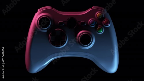 Front shot of videogame gamepad illuminated by backlit neon lights. Realistic 3d animation.