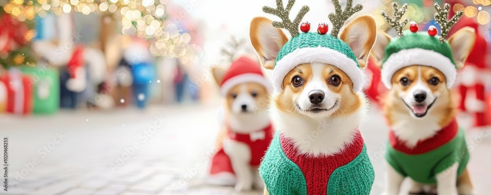 Pastel background highlights dogs in reindeer attire at a Christmas parade Pastel background highlights dogs in reindeer attire at a Christmas parade