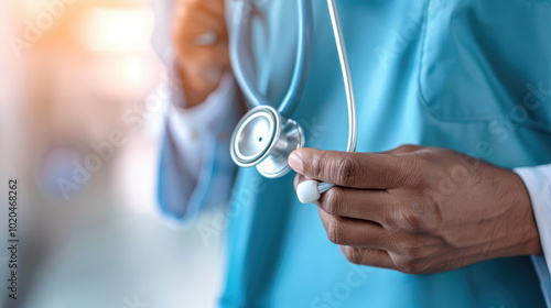 A healthcare professional holds a stethoscope, symbolizing medical expertise and patient care in a clinical setting.