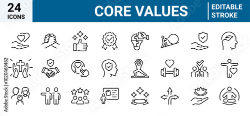 Core value icon collection. Passion, innovative, accountability, diversity, exceptional.