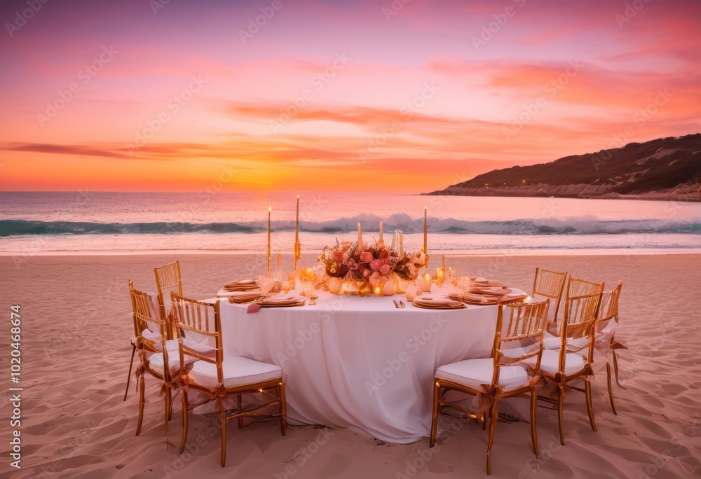 Fototapeta premium romantic luxurious dinner setup beach showcasing elegant table twinkling serene ocean view couples, sunset, lights, atmosphere, seating, ambiance, colors