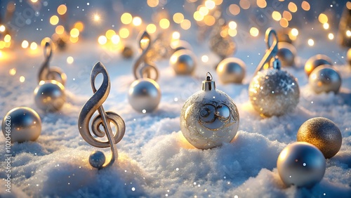 Christmas decorations with music notes and baubles in snowy landscape. 