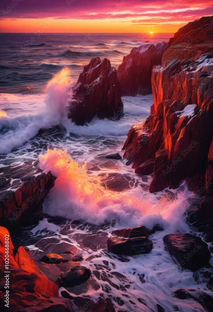 Fototapeta premium dramatic waves crashing rocky coastline capturing breathtaking power vivid color spectrum, ocean, sunset, sky, water, sea, horizon, landscape, evening
