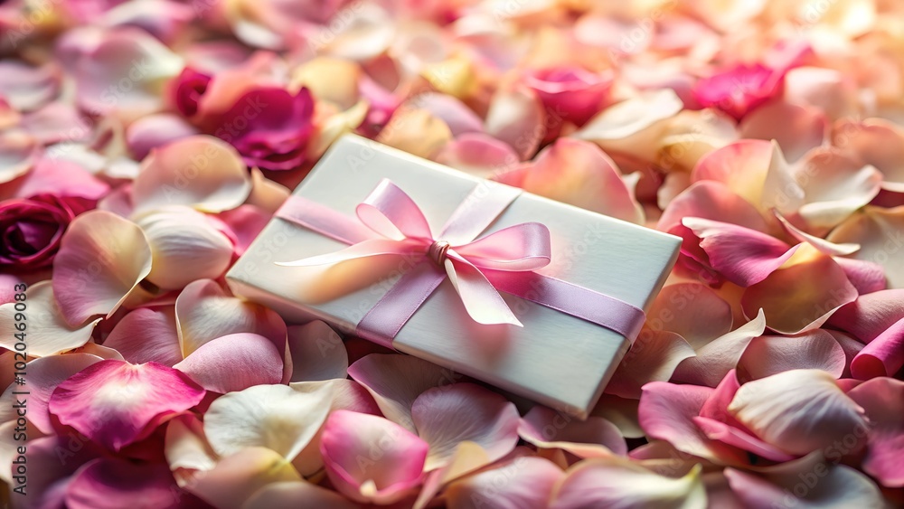 Gift card with pink bow surrounded by scattered rose petals. Gift card with pink bow surrounded by scattered rose petals.