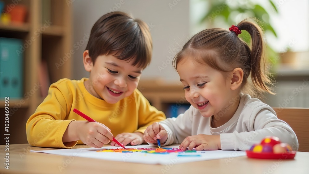 Fototapeta premium Children are drawing with pencil in classroom learning art, education or students development of creative process. Young child, hands writing or working on paper in kindergarten with pen marker
