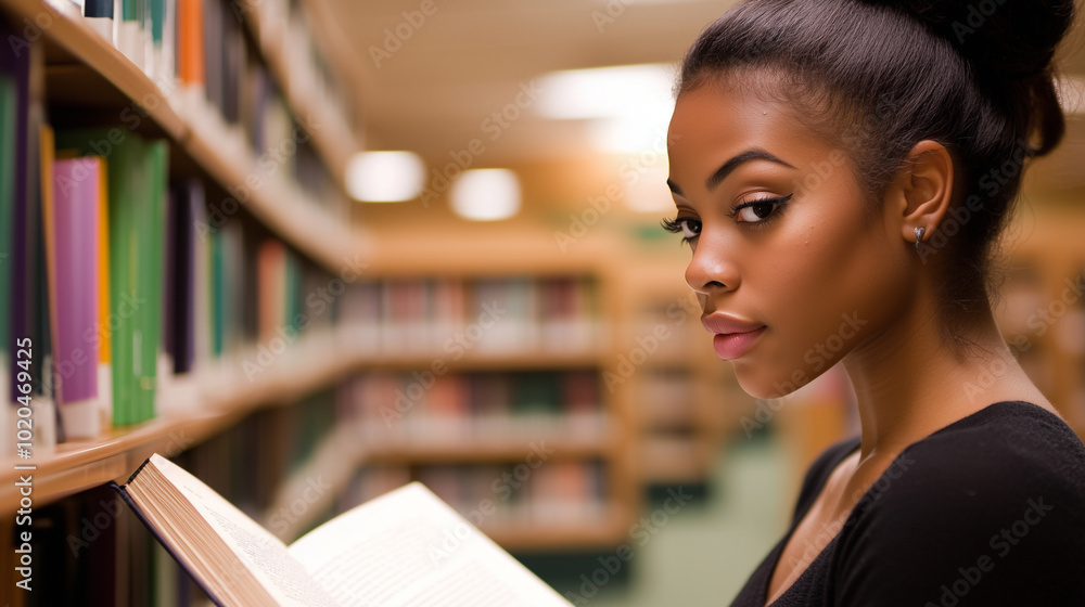 A serene moment in a college library, captured in the side profile of a young African American female student reading intently. Her face reflects concentration as she flips through A serene moment in a college library, captured in the side profile of a young African American female student reading intently. Her face reflects concentration as she flips through