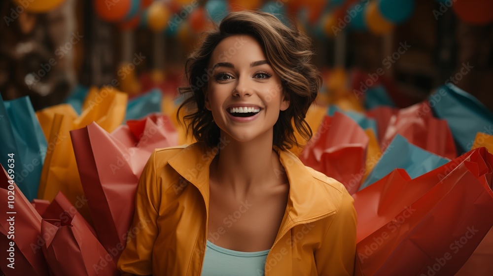young woman wearing colorful cloth in modern style holding colorful shopping bags jumping with big smile and funny