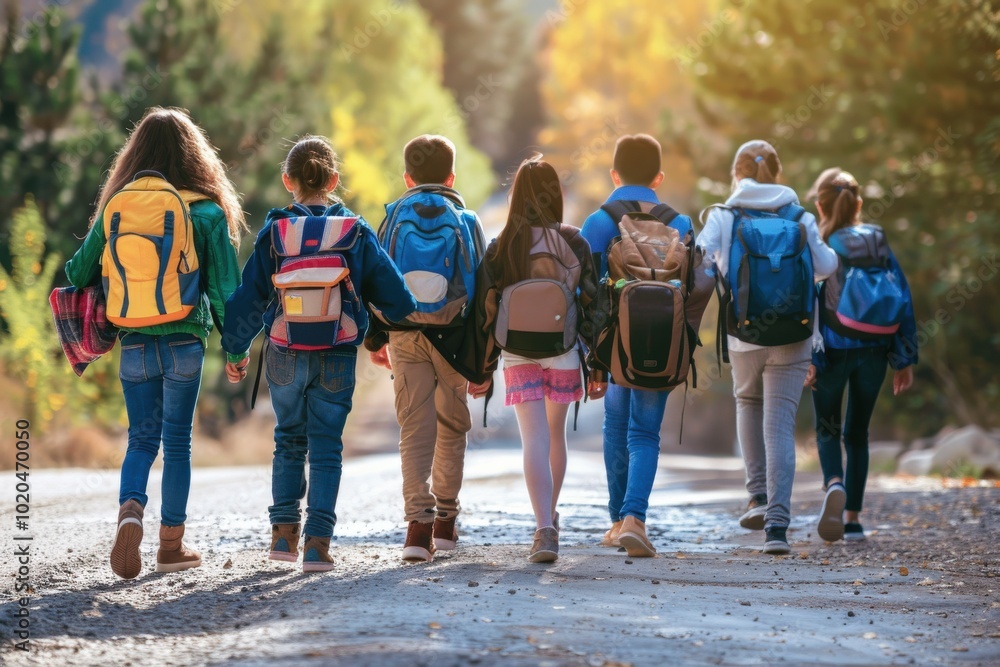 Obraz premium A group of children are walking down a road, each carrying a backpack, generative ai image