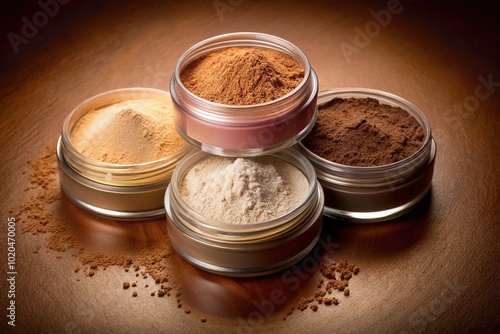 Assorted Cosmetic Loose Powder Set in Beige, Brown, White, and Pink on Caramel Brown Background for Beauty Photography