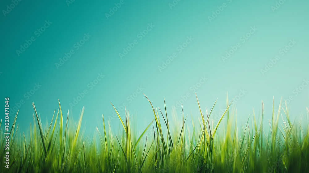 Fototapeta premium A wide shot of the sky, with a clear blue background and a green grass field in front. The grass is tall, with some white flowers blooming on it. 