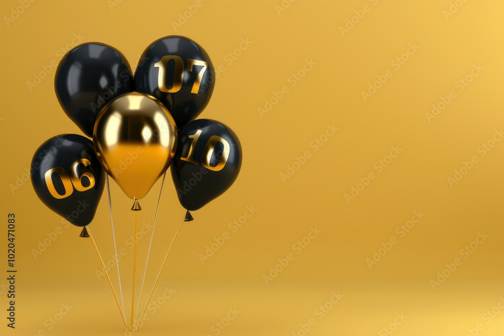 Black balloons with golden numbers floating against a yellow background, symbolizing Black Friday deals and discounts. Black balloons with golden numbers floating against a yellow background, symbolizing Black Friday deals and discounts.