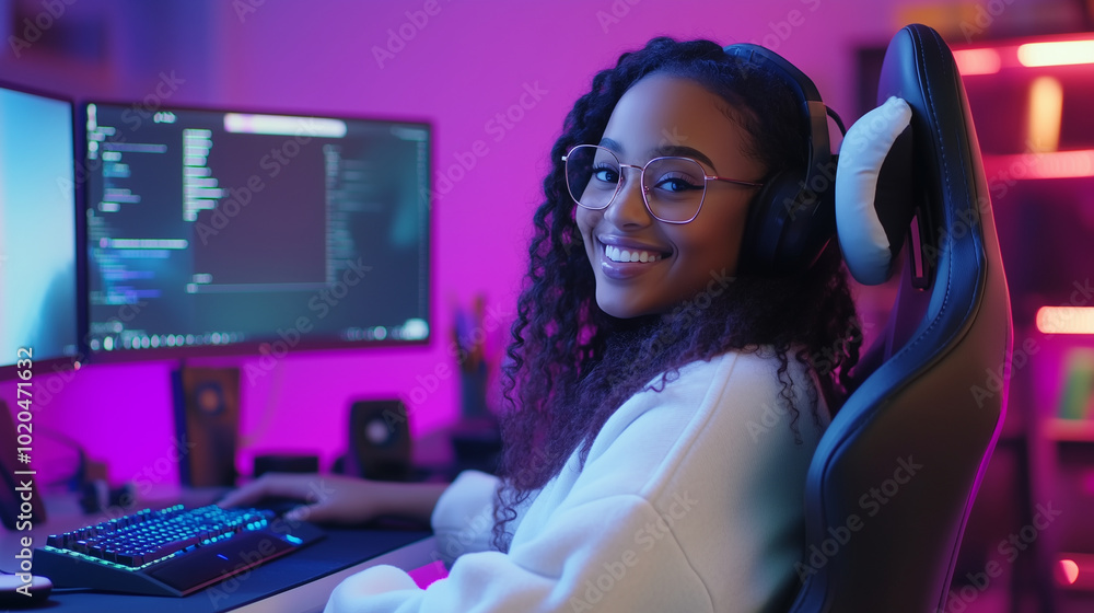 A happy young Blasian African American woman, fully engaged in a virtual team meeting from her modern home office. Her sleek setup includes a large monitor, keyboard, and comfortab A happy young Blasian African American woman, fully engaged in a virtual team meeting from her modern home office. Her sleek setup includes a large monitor, keyboard, and comfortab