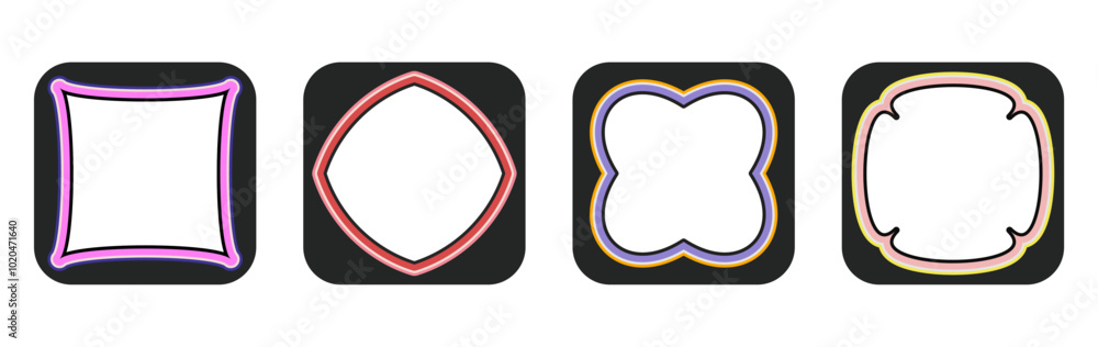 Set of Four Modern Geometric Frames in Various Shapes with Colorful Borders and Dark Background, Including Square, Diamond, and Rounded Designs, Perfect for Digital or Print Projects, Posters, and Inv Set of Four Modern Geometric Frames in Various Shapes with Colorful Borders and Dark Background, Including Square, Diamond, and Rounded Designs, Perfect for Digital or Print Projects, Posters, and Inv