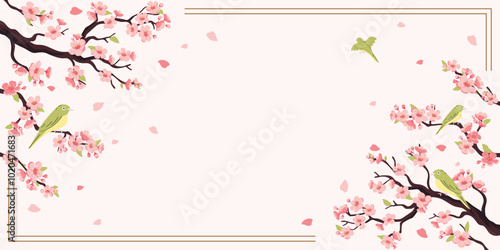 Cherry Blossom Branches with Birds Illustration