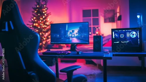 In a futuristic office, a gaming computer sits empty on a desk