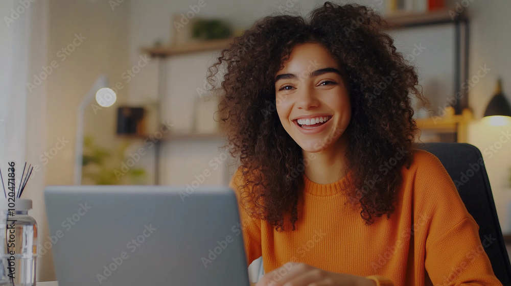A cheerful young woman, with natural curls, sitting at her desk in a modern home office, enthusiastically interacting with her remote team on a video call. Her desk is organized wi A cheerful young woman, with natural curls, sitting at her desk in a modern home office, enthusiastically interacting with her remote team on a video call. Her desk is organized wi