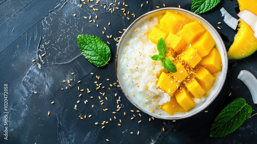 A bowl of creamy rice pudding topped with fresh mango chunks, mint leaves, and sprinkled sesame seeds on a dark surface. photo