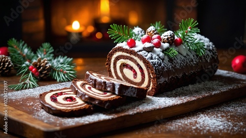 christmas roll cake with cream and fresh raspberries on a christmas  background.