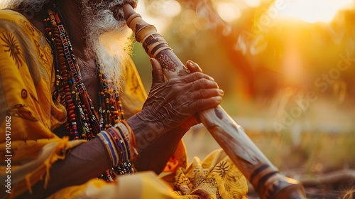 Man Holding Painted Didgeridoo: Full-Length Performance of Aboriginal Music at a Cultural Festival photo