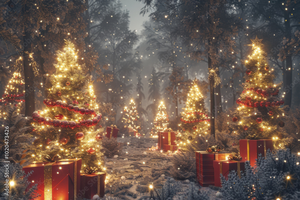 Magical Christmas scene with illuminated trees, gifts, and snowfall in a winter wonderland, creating festive holiday warmth. Magical Christmas scene with illuminated trees, gifts, and snowfall in a winter wonderland, creating festive holiday warmth.