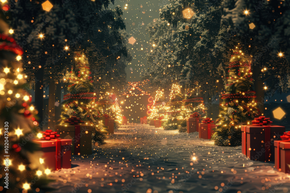 Magical Christmas scene with illuminated trees, gifts, and snowfall in a winter wonderland, creating festive holiday warmth. Magical Christmas scene with illuminated trees, gifts, and snowfall in a winter wonderland, creating festive holiday warmth.