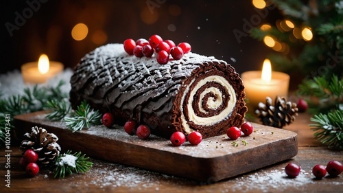 Chocolate christmas roll cake with cream and fresh raspberries on a christmas  background.