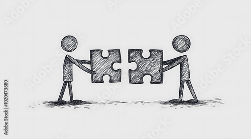 Two figures unsuccessfully attempting to connect mismatched puzzle pieces, symbolizing failed teamwork, misalignment, and barriers to collaboration
