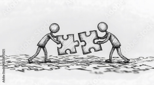 Two figures successfully connecting puzzle pieces, symbolizing collaboration, teamwork, and successful integration of solutions
