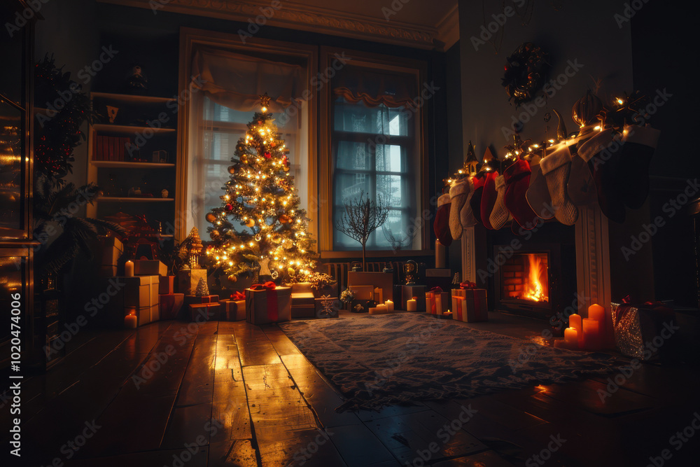 Cozy Christmas living room with a decorated tree, stockings, and gifts by the fireplace, creating a warm holiday atmosphere. Cozy Christmas living room with a decorated tree, stockings, and gifts by the fireplace, creating a warm holiday atmosphere.