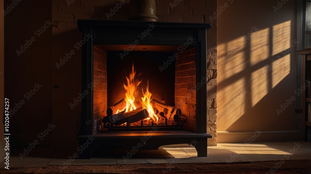 A fireplace with a warm fire burning inside, casting a glow on the room.  The sun shines through a window, creating shadows on the wall.