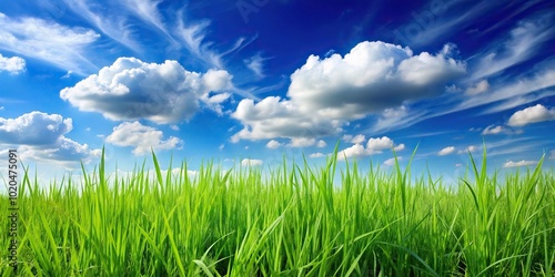 Field with tall green grass and fluffy white clouds in the background against a blue sky using forced perspective