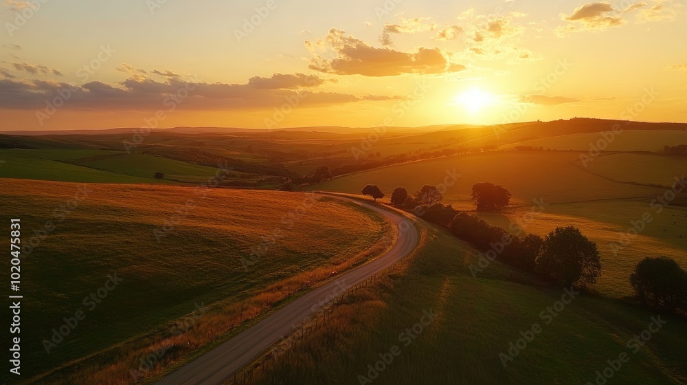Fototapeta premium A peaceful countryside view with rolling hills, a winding road, and a colorful sunset, capturing the beauty of rural travel