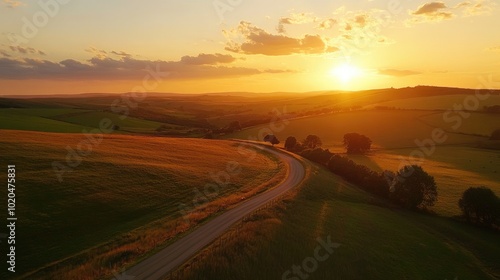 A peaceful countryside view with rolling hills, a winding road, and a colorful sunset, capturing the beauty of rural travel